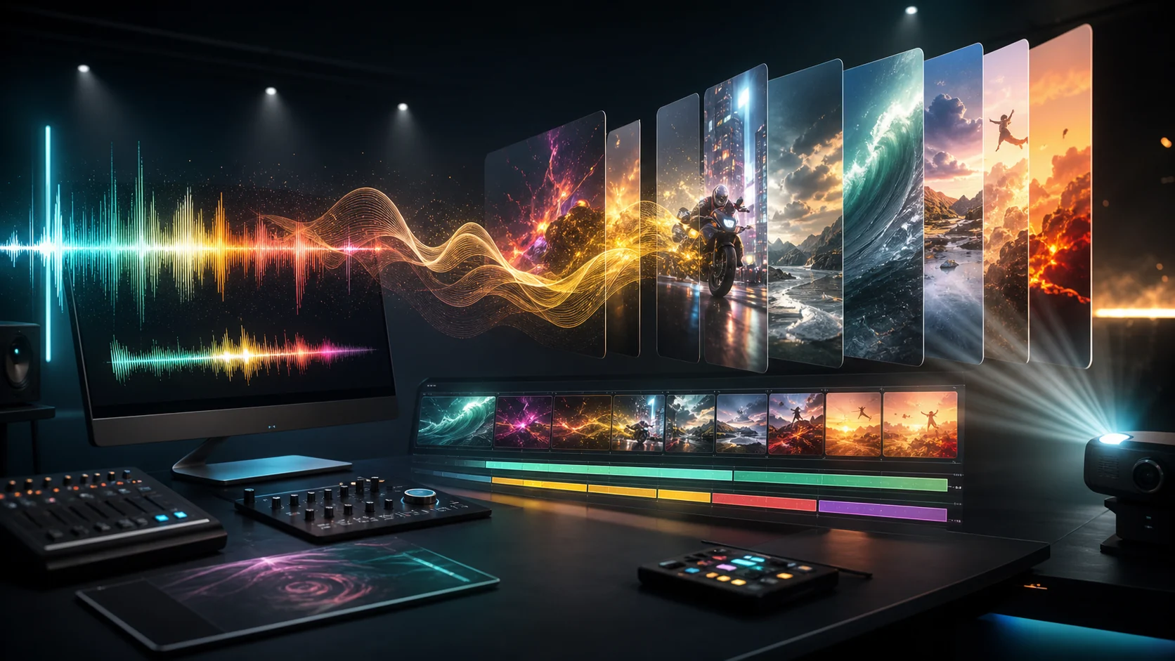 AudioX AI music video generator workspace with audio waveforms becoming cinematic video panels