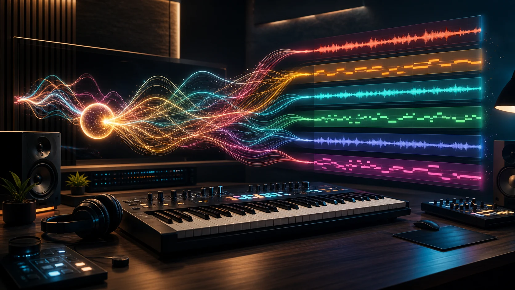 AudioX AI music generator workspace with colorful music stems and waveform layers